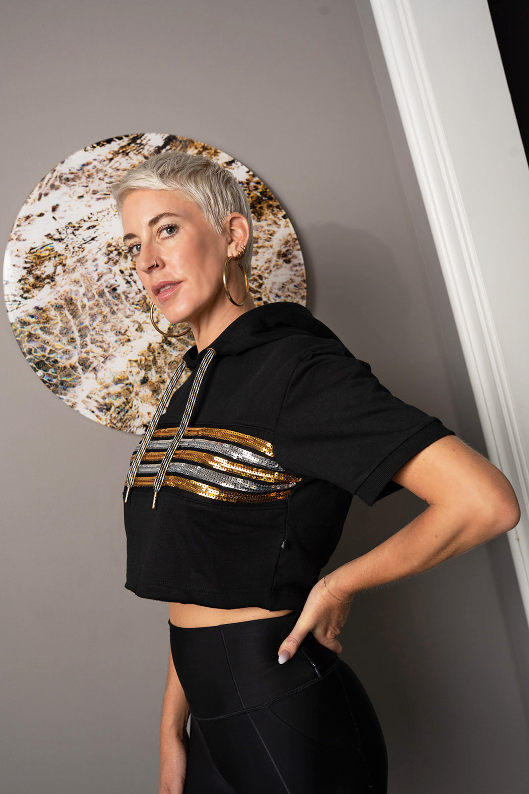 Eclipse Sequin Chest Stripe Short Sleeve Crop Top Hoodie