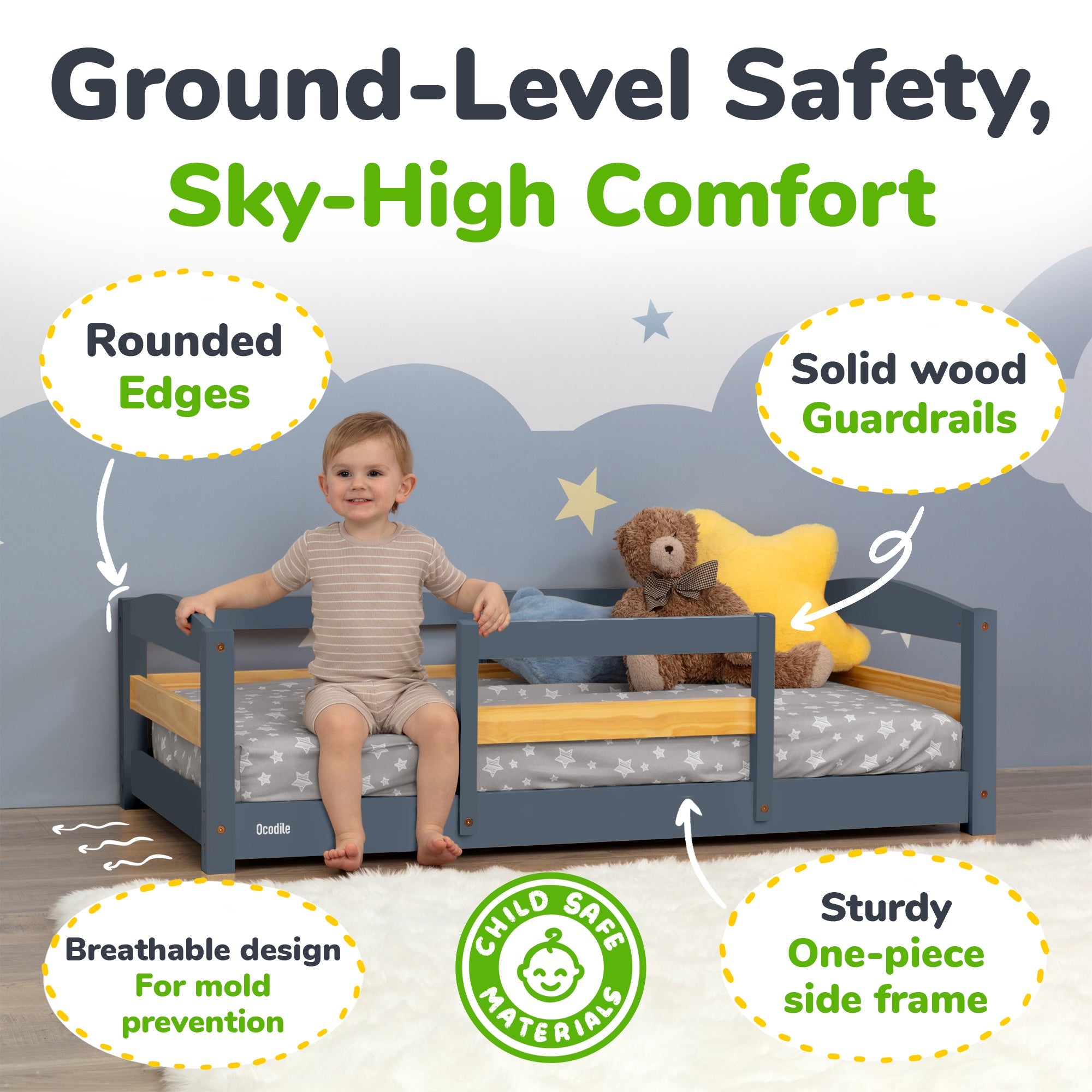 Crib Size Wooden Floor Bed with Safety Rails for Kids Age 1–3