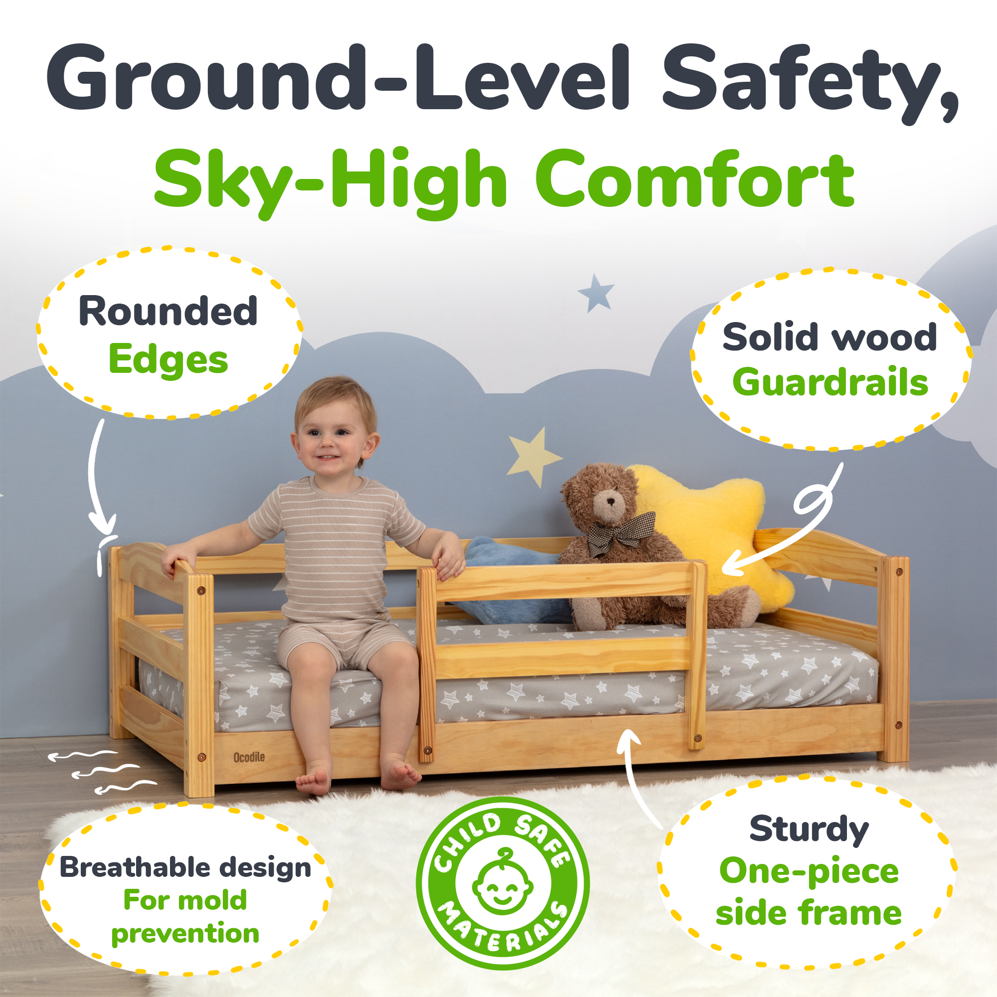 Crib Size Wooden Floor Bed with Safety Rails for Kids Age 1–3