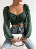 Plus Size Women Tops Drawstring Front Sheer Sleeve Crop T-Shirt Plunge Neck Long Sleeve Ribb-knit Ruched Blouse Spring Summer