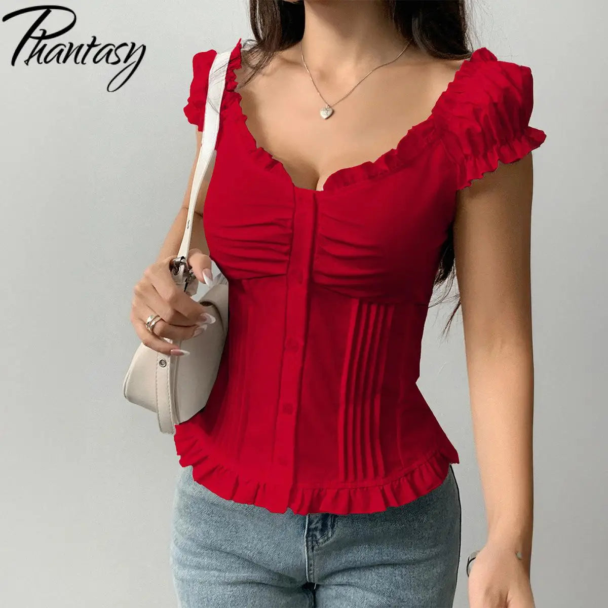 Phantasy Y2K Button Top Solid Color Slim Fit Frill T-Shirts Summer Blouses Korean Casual Style Top Vintage Clothing 2025 Summer
