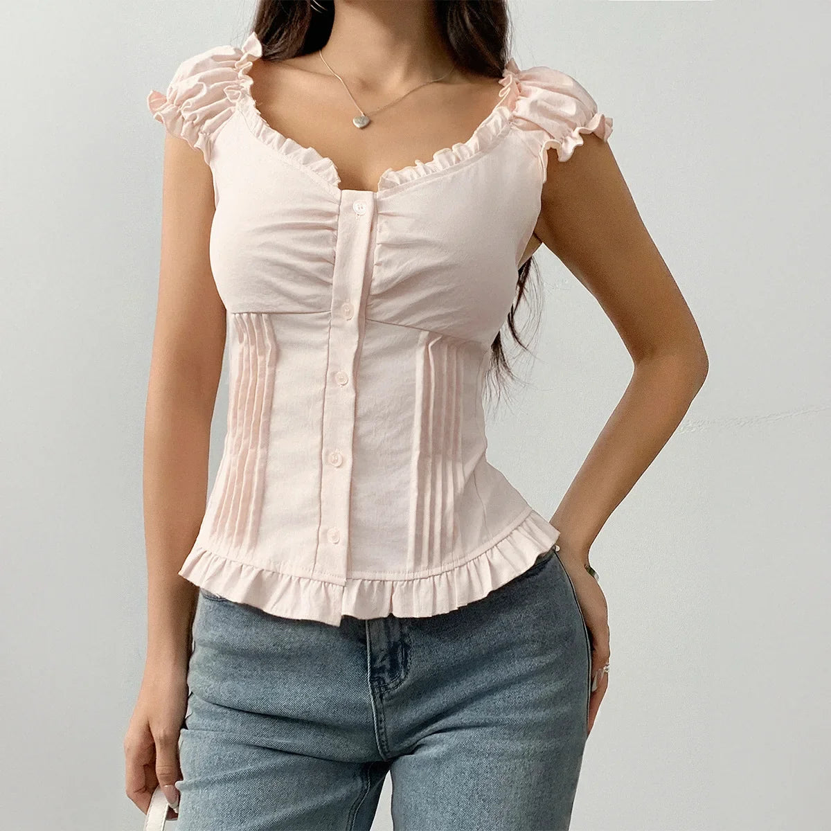 Phantasy Y2K Button Top Solid Color Slim Fit Frill T-Shirts Summer Blouses Korean Casual Style Top Vintage Clothing 2025 Summer