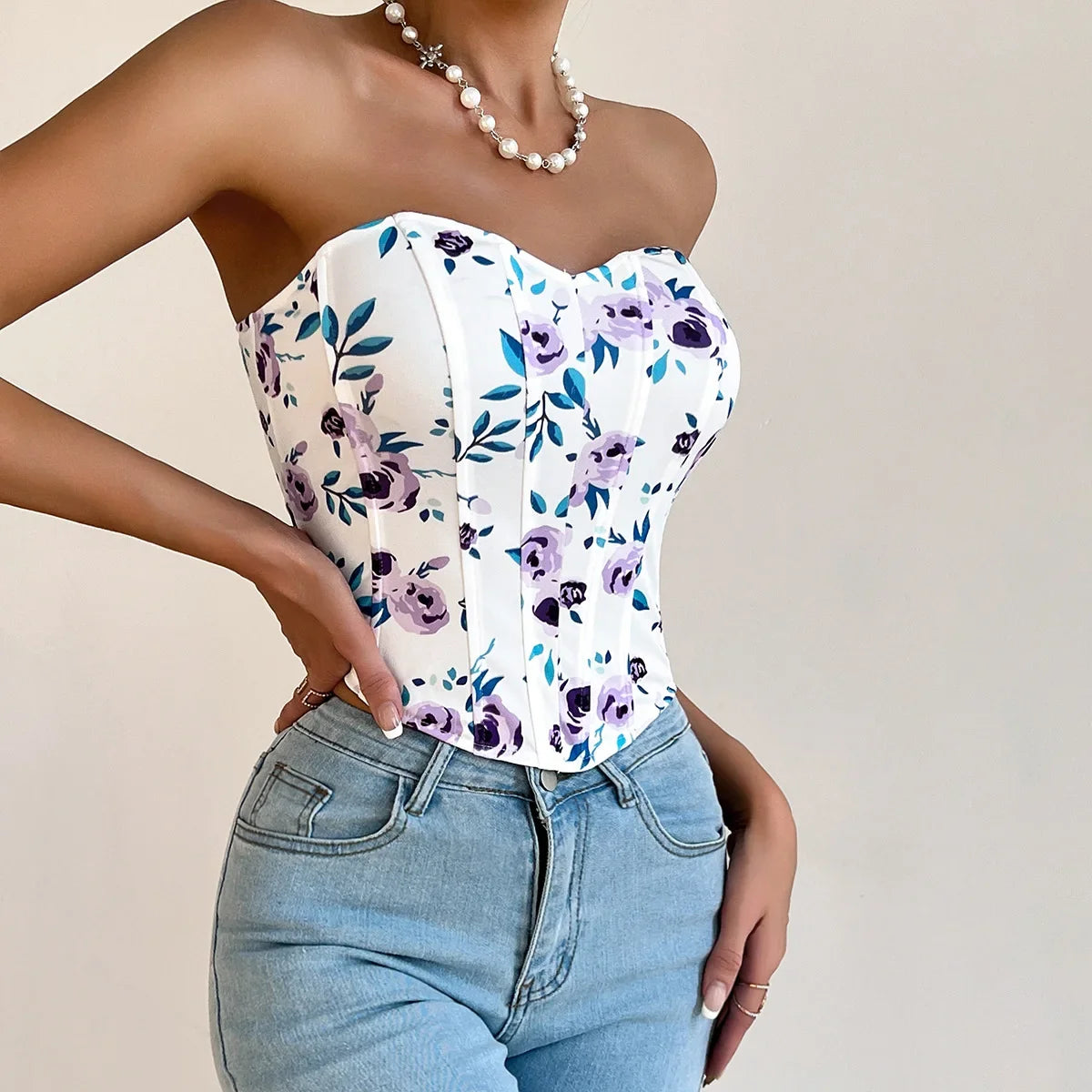 Summer Women Floral Y2K Crop Tops Printed Sleeveless Fishbone Corset Woman Sexy Backless Slim Strapless Streetwear Camisole