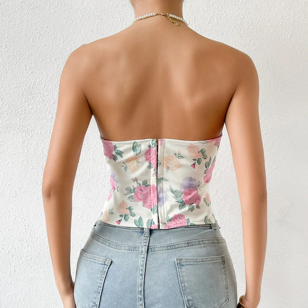 Summer Women Floral Y2K Crop Tops Printed Sleeveless Fishbone Corset Woman Sexy Backless Slim Strapless Streetwear Camisole