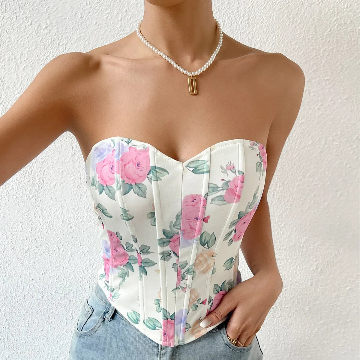 Summer Women Floral Y2K Crop Tops Printed Sleeveless Fishbone Corset Woman Sexy Backless Slim Strapless Streetwear Camisole