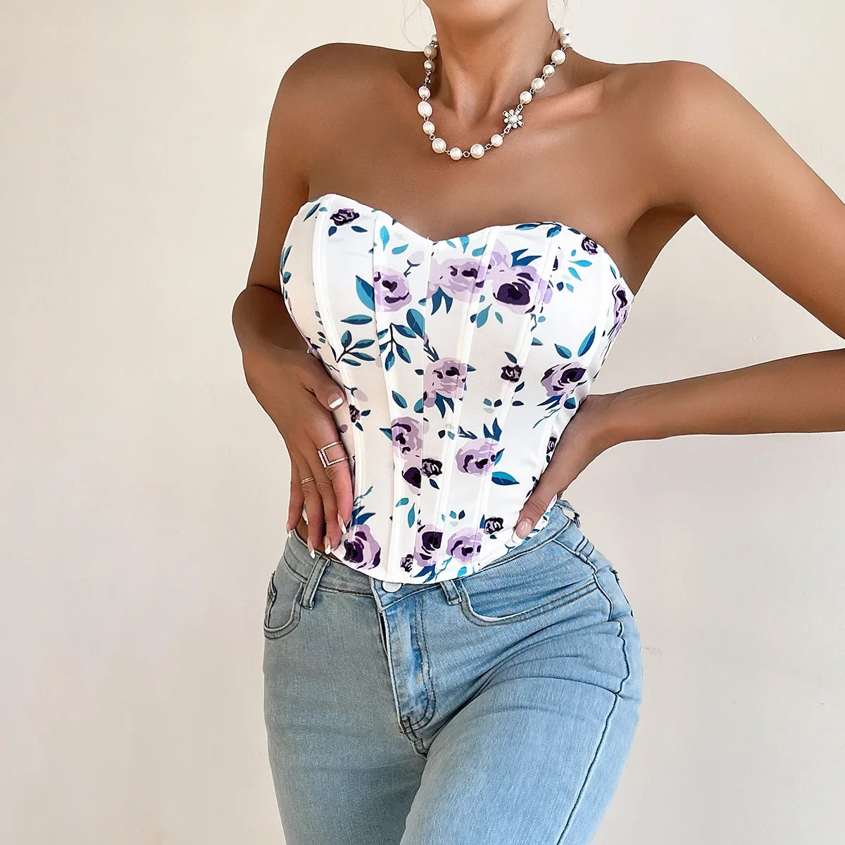 Summer Women Floral Y2K Crop Tops Printed Sleeveless Fishbone Corset Woman Sexy Backless Slim Strapless Streetwear Camisole