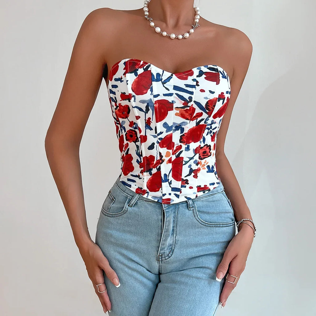 Summer Women Floral Y2K Crop Tops Printed Sleeveless Fishbone Corset Woman Sexy Backless Slim Strapless Streetwear Camisole