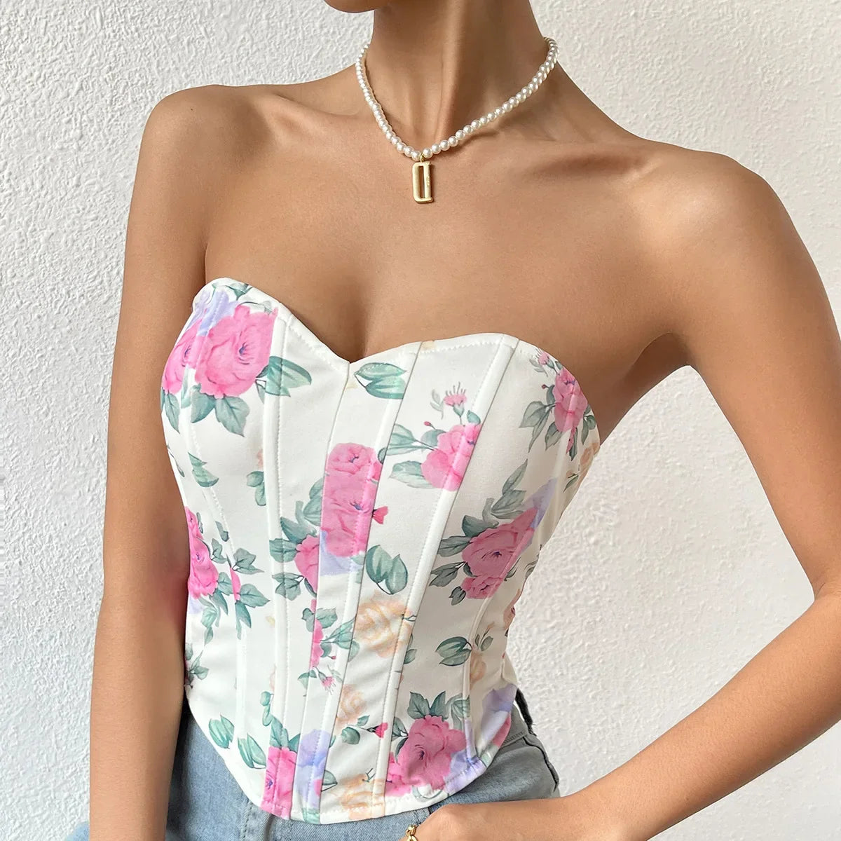 Summer Women Floral Y2K Crop Tops Printed Sleeveless Fishbone Corset Woman Sexy Backless Slim Strapless Streetwear Camisole