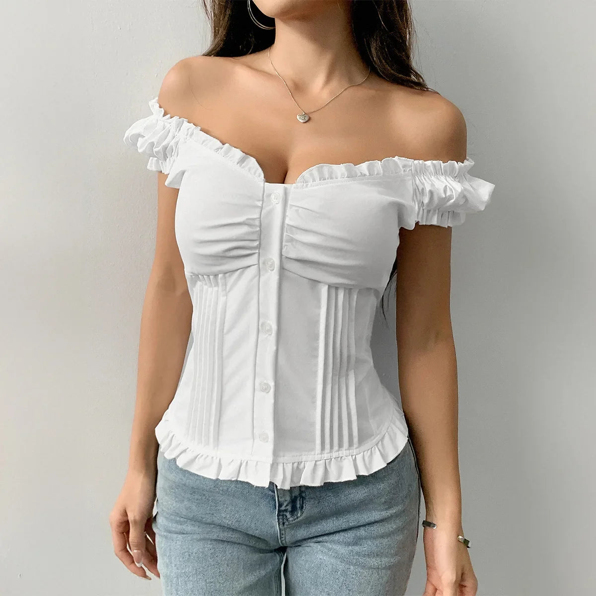 Phantasy Y2K Button Top Solid Color Slim Fit Frill T-Shirts Summer Blouses Korean Casual Style Top Vintage Clothing 2025 Summer