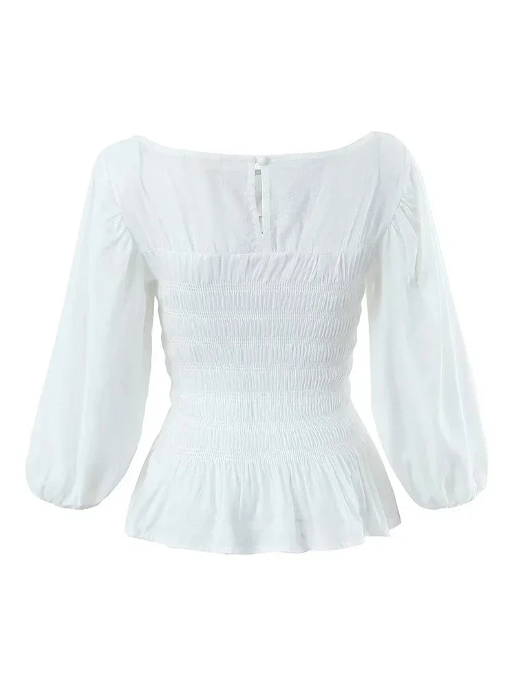 Foridol White Summer Linen Women Blouse Off Shoulder Lantern Sleeve Short Blouse Top 2025 Spring Smocked Pelpum Top New