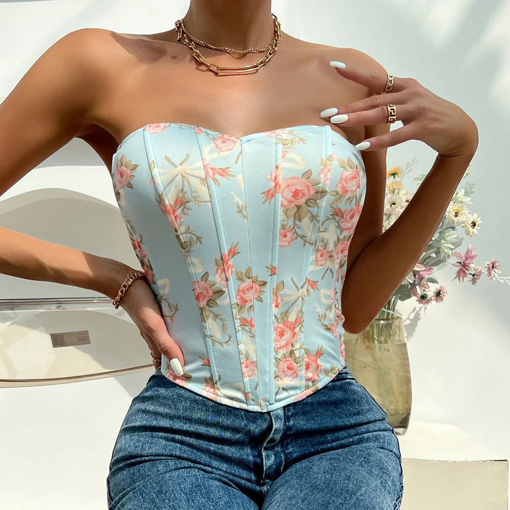 Summer Women Floral Y2K Crop Tops Printed Sleeveless Fishbone Corset Woman Sexy Backless Slim Strapless Streetwear Camisole