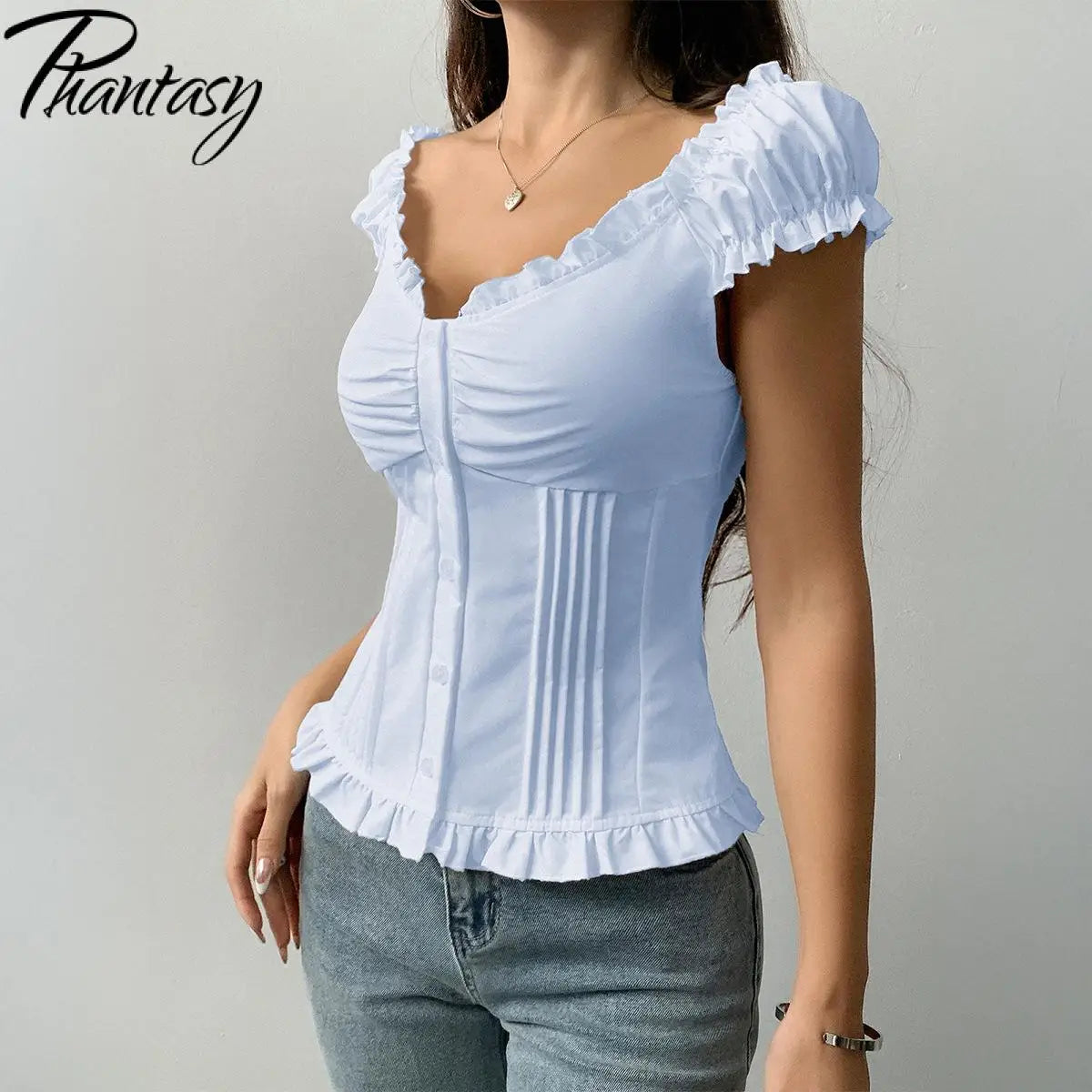 Phantasy Y2K Button Top Solid Color Slim Fit Frill T-Shirts Summer Blouses Korean Casual Style Top Vintage Clothing 2025 Summer