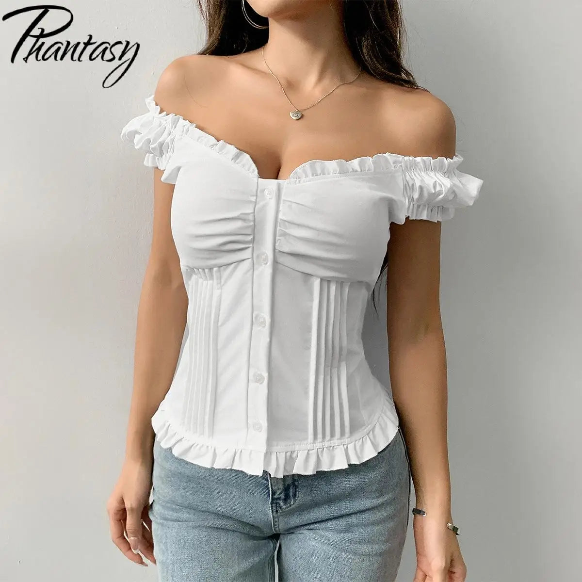 Phantasy Y2K Button Top Solid Color Slim Fit Frill T-Shirts Summer Blouses Korean Casual Style Top Vintage Clothing 2025 Summer