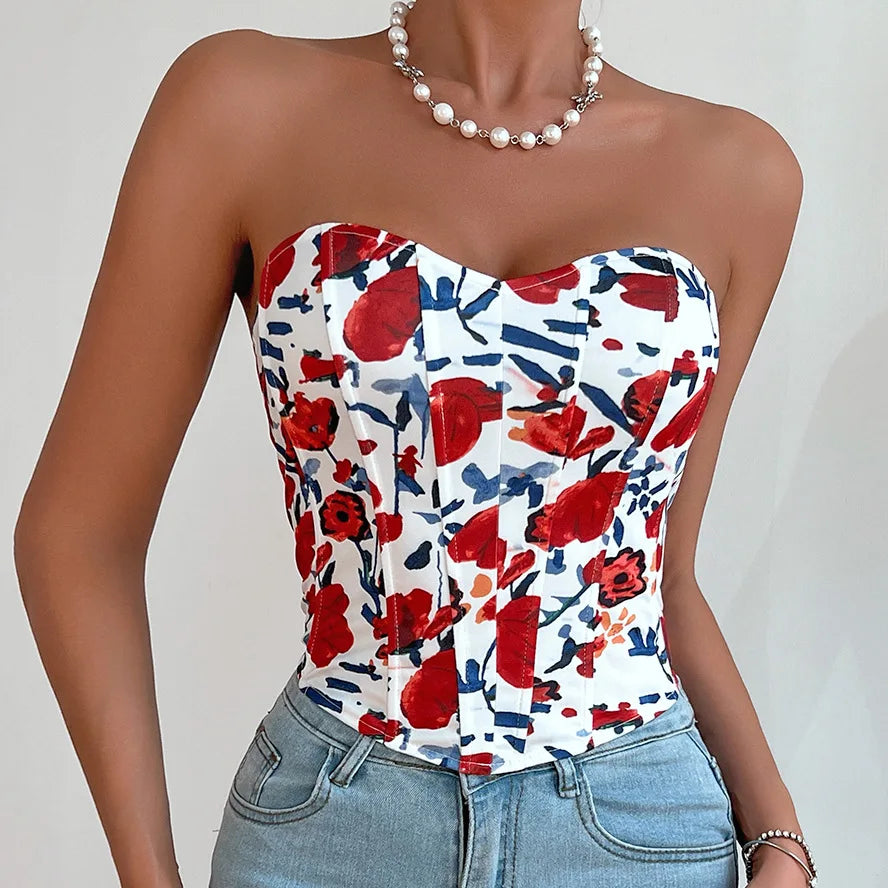 Summer Women Floral Y2K Crop Tops Printed Sleeveless Fishbone Corset Woman Sexy Backless Slim Strapless Streetwear Camisole