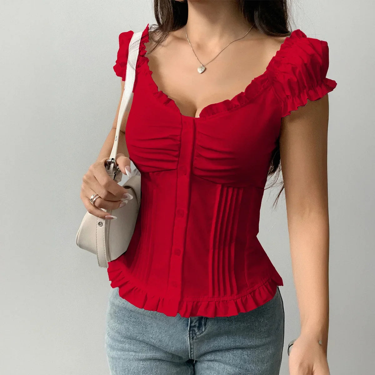 Phantasy Y2K Button Top Solid Color Slim Fit Frill T-Shirts Summer Blouses Korean Casual Style Top Vintage Clothing 2025 Summer