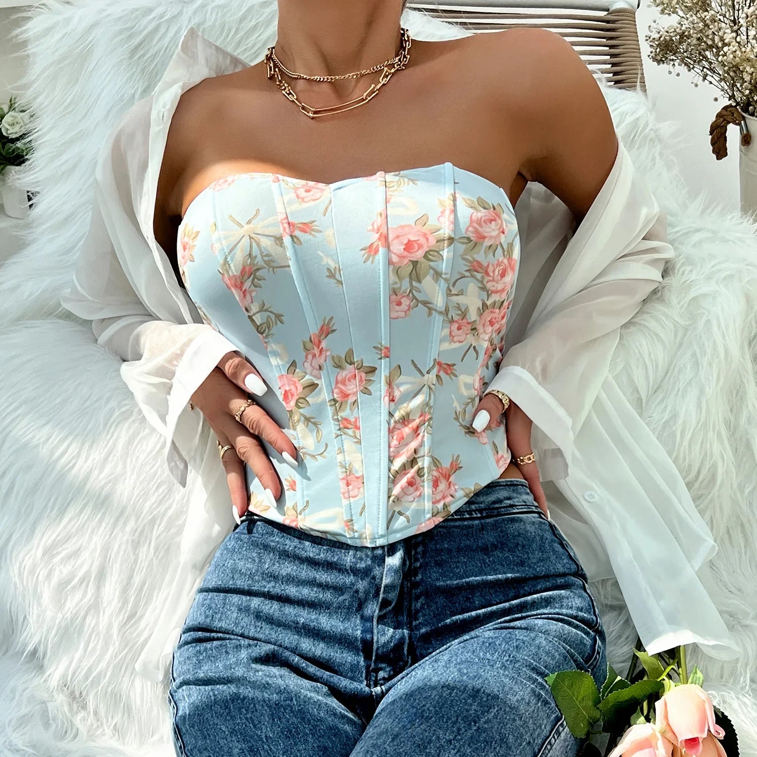 Summer Women Floral Y2K Crop Tops Printed Sleeveless Fishbone Corset Woman Sexy Backless Slim Strapless Streetwear Camisole