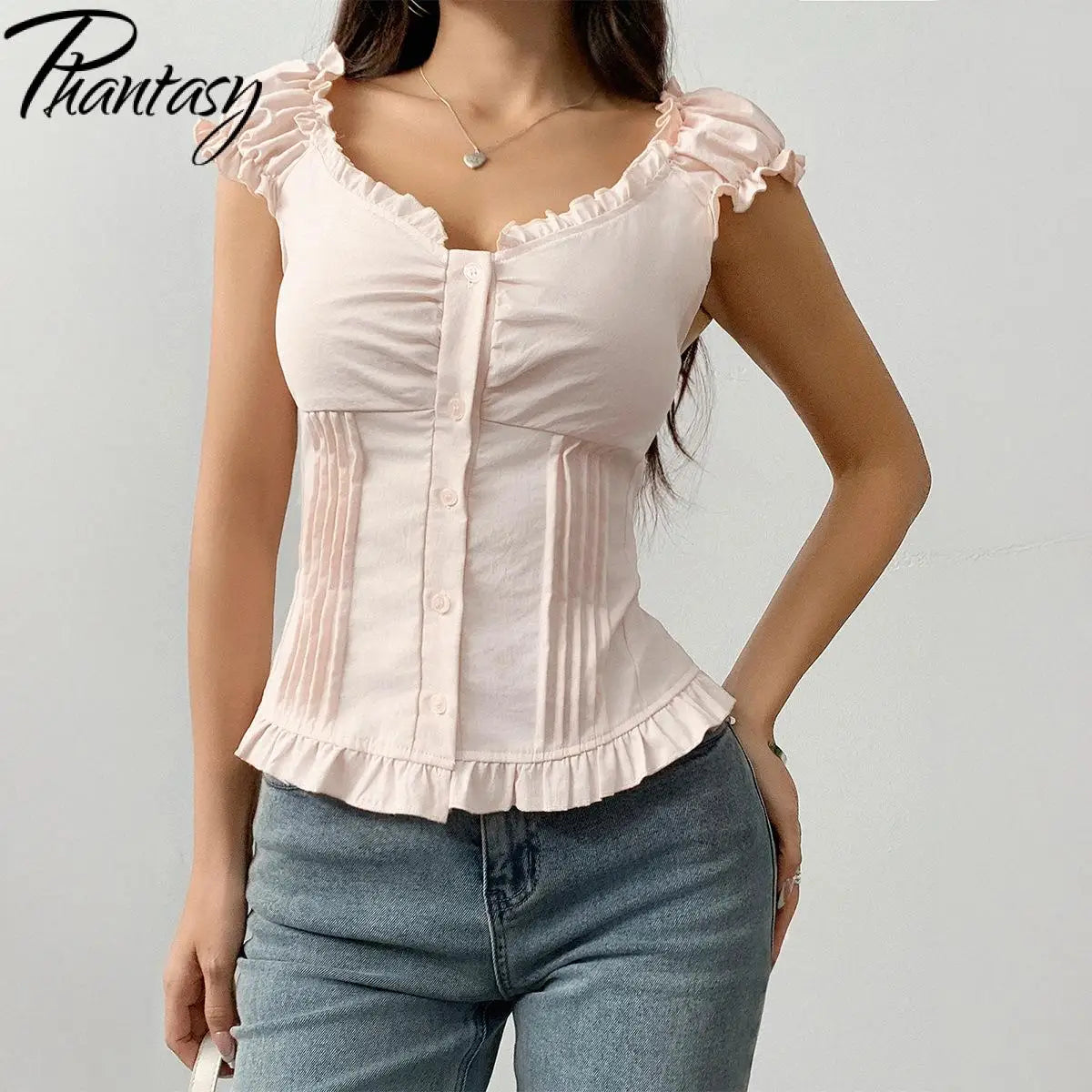 Phantasy Y2K Button Top Solid Color Slim Fit Frill T-Shirts Summer Blouses Korean Casual Style Top Vintage Clothing 2025 Summer