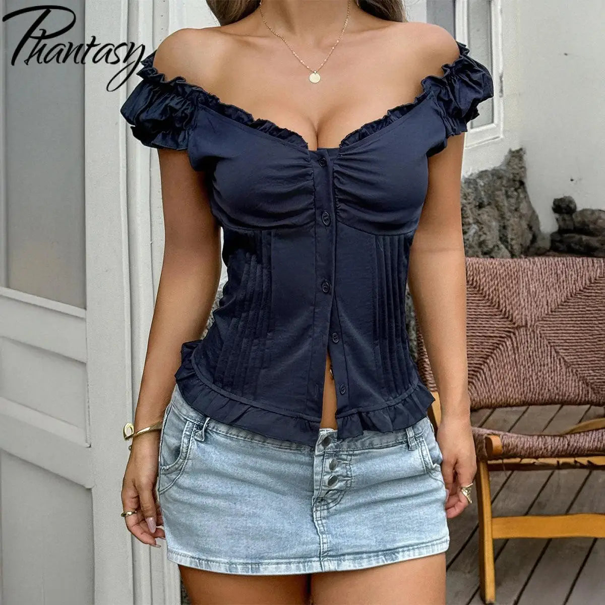 Phantasy Y2K Button Top Solid Color Slim Fit Frill T-Shirts Summer Blouses Korean Casual Style Top Vintage Clothing 2025 Summer