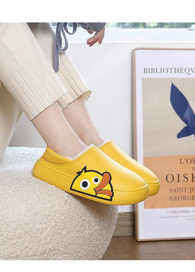 Thick Platform Winter Women Waterproof Non-Slip Home Rubber Slippers Warm Indoor Fur Cotton Women's Cozy Memory Foam Closed Back Slippers Wool-Like Blend Cotton House Shoes
