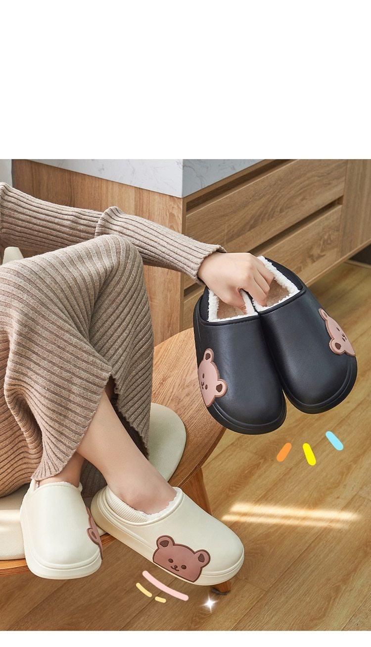Thick Platform Winter Women Waterproof Non-Slip Home Rubber Slippers Warm Indoor Fur Cotton Women's Cozy Memory Foam Closed Back Slippers Wool-Like Blend Cotton House Shoes