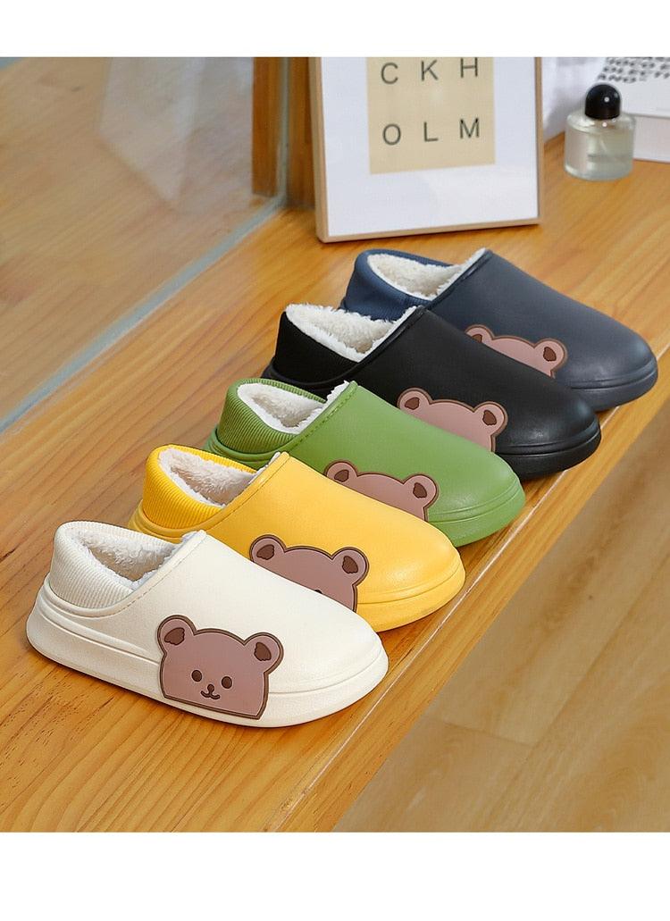 Thick Platform Winter Women Waterproof Non-Slip Home Rubber Slippers Warm Indoor Fur Cotton Women's Cozy Memory Foam Closed Back Slippers Wool-Like Blend Cotton House Shoes