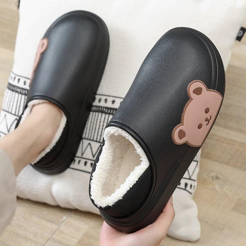 Thick Platform Winter Women Waterproof Non-Slip Home Rubber Slippers Warm Indoor Fur Cotton Women's Cozy Memory Foam Closed Back Slippers Wool-Like Blend Cotton House Shoes